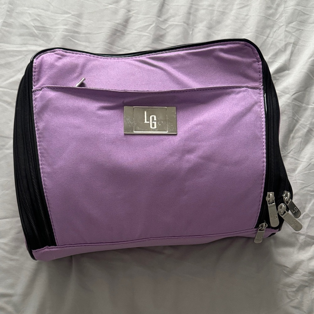 LG (Laura Geller) Lavender Cosmetic Bag with Black Accents and multiple sections